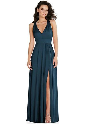 Dessy Group Shirred Shoulder Criss Cross Back Maxi Dress with Front Slit - 6863 V-Neck Bridesmaid Dress