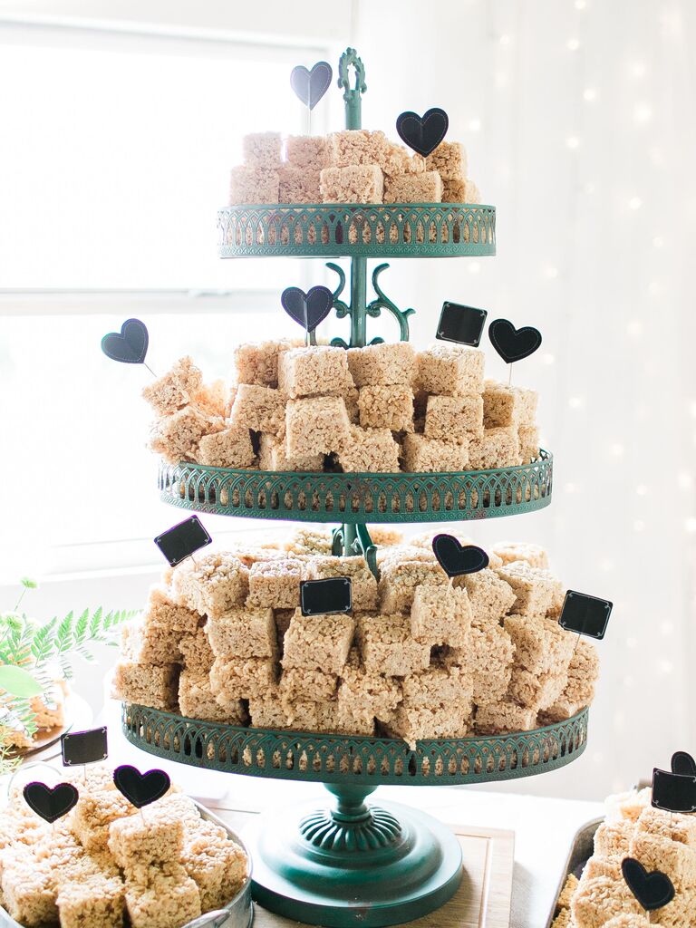 Tower of rice krispie treats for a bridal shower. 