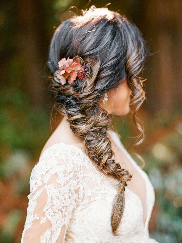 wedding hair flowers ranunculus fishtail braid