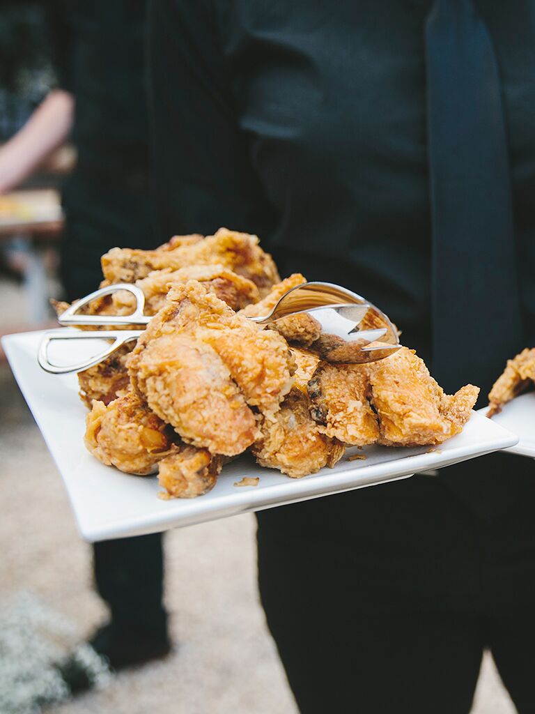 Family style southern wedding food with fried chicken