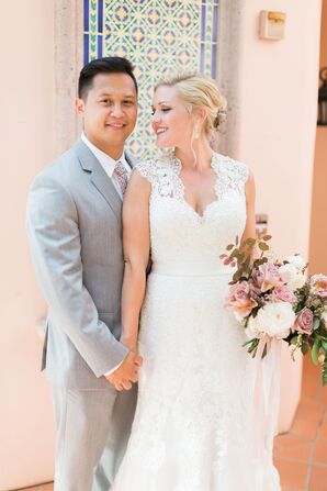 Groom in Grey Suit with Bride in Romantic Lace Gown