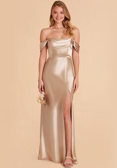 Birdy Grey Mia Shiny Satin Dress in Neutral Champagne Off the Shoulder Bridesmaid Dress