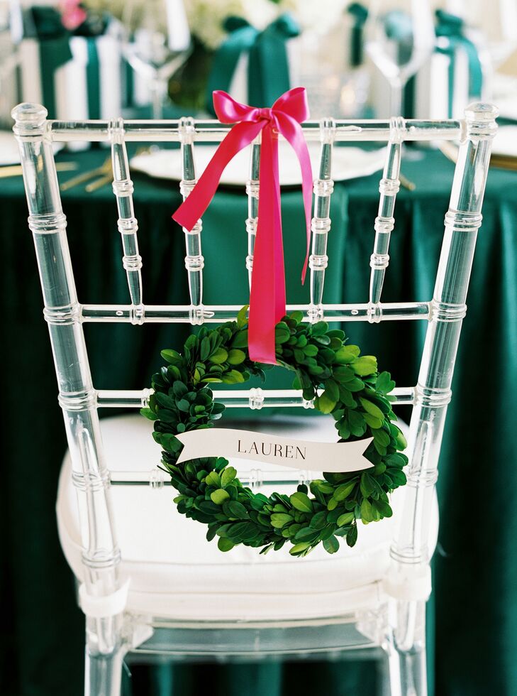 Christmas Wreath Name Card on Back of Ghost Chair