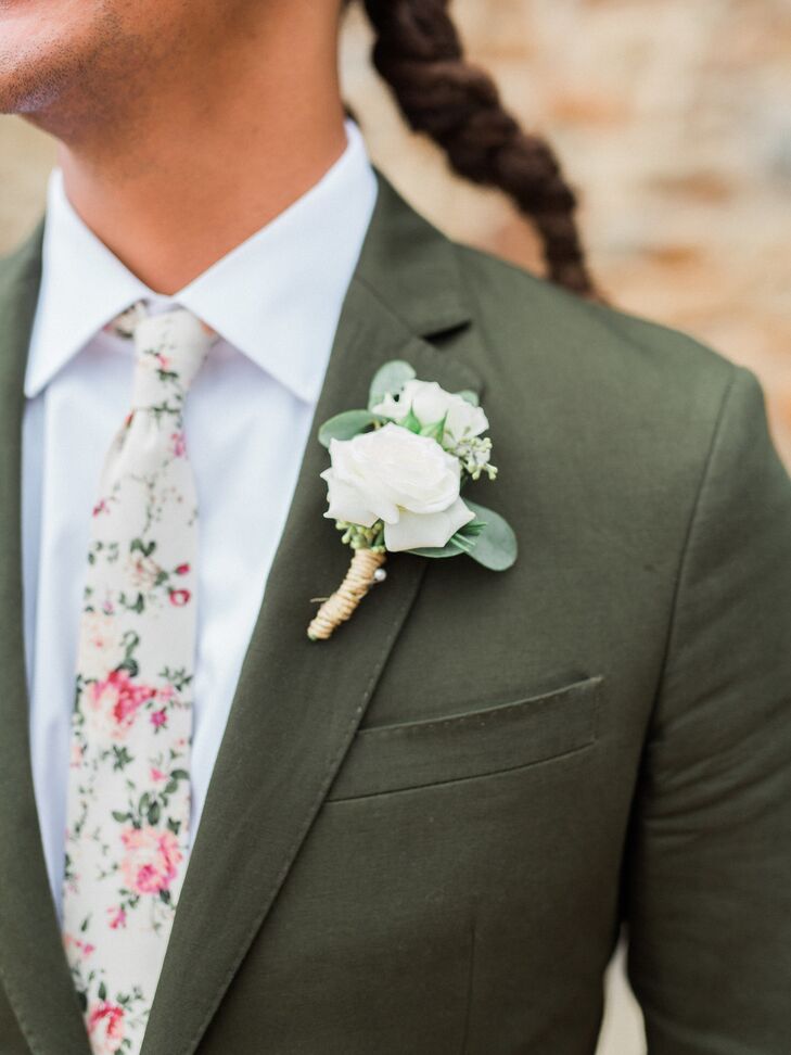 Groom with Braided Hair, Green Suit, Floral-Print Tie and Rose Boutonniere