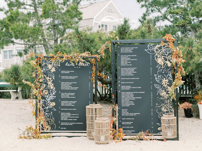 black and white seating chart with bright floral border