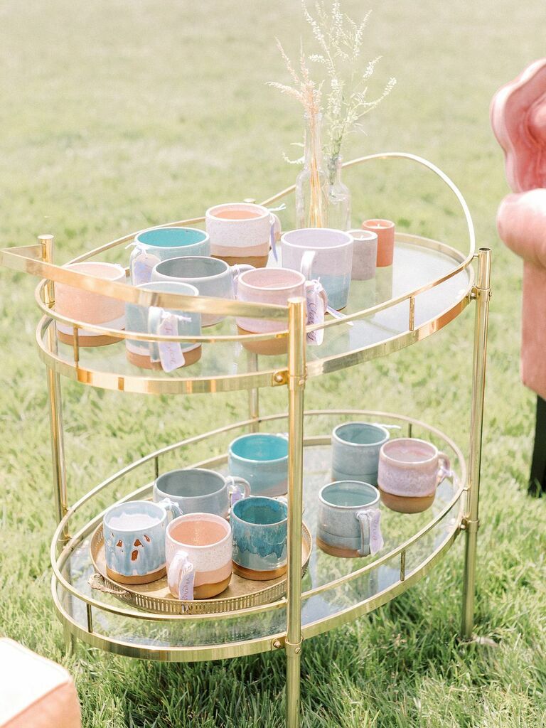 Bar cart with pastel-hued coffee mugs