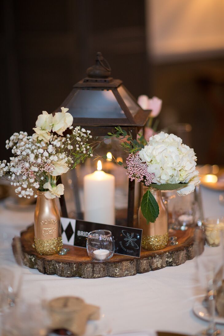 Rustic Lantern and Tree Trunk Centerpieces