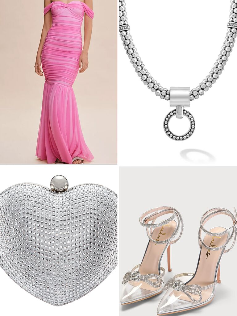 A collage of four photos: a pink floor-length dress, a silver necklace, silver heels, and a silver heart-shaped clutch
