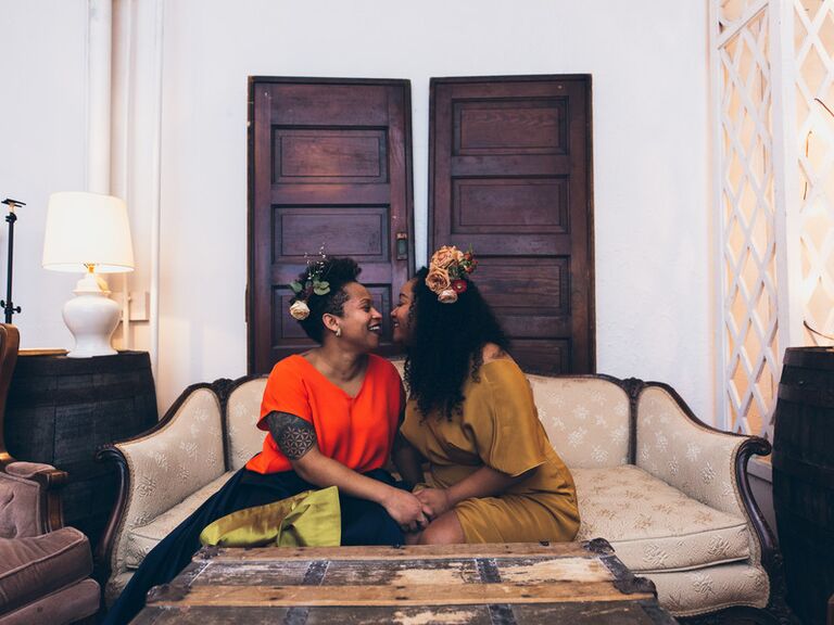 At home bohemian engagement photo. 