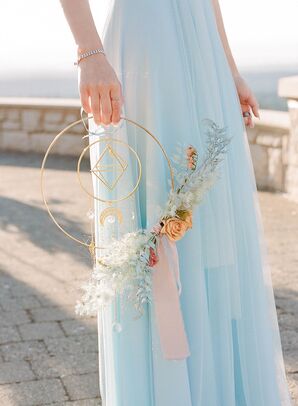 Bridesmaid Holding Golden Hoop, Light Flower Arrangements, Moon and Stars, Geometric Shapes