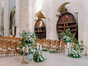 Ceremony in Historic French Abbey, Neutral Colored Arrangement and Candles