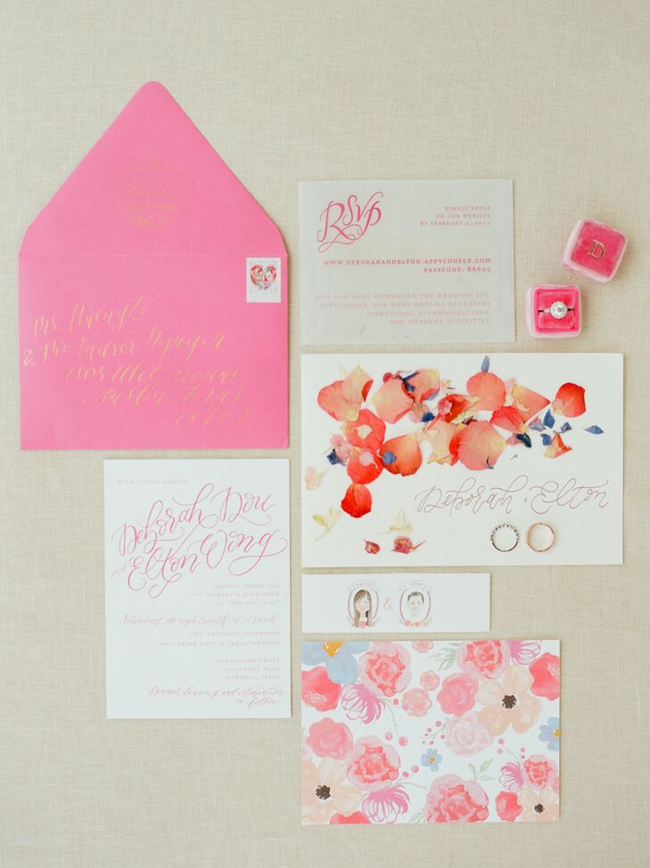 JRCro helped craft Deborah and Elton's colorful invitation suite. "We had invitations with a watercolor floral design and vellum RSVP cards filled with flower petals," Deborah says. It was held together with by a band with portraits of Elton and me created by our invitation designer, which made it unique and playful."