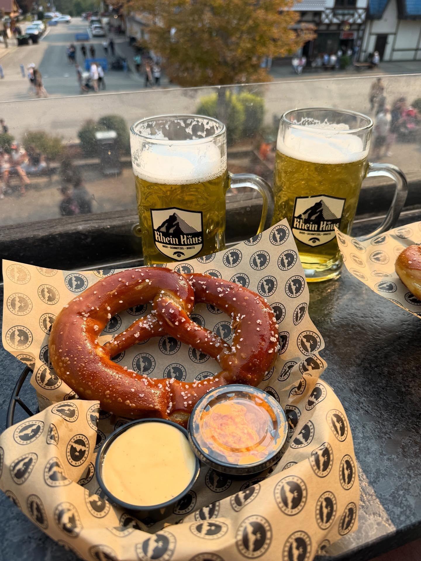 Still on the high of the proposal, the newly engaged couple rounds out their trip to Washington in the Bavarian village of Leavenworth; celebrating with pretzels and beer .
