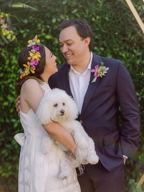 Bride and Groom with Dog at Backyard Minimony in Southern California