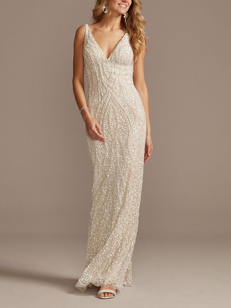 DB Studio beaded matte sequin v-neck sheath dress