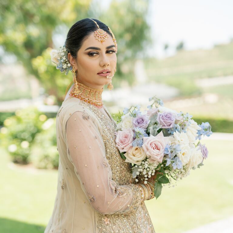 Rose, baby's breath and lavender wedding bouquet