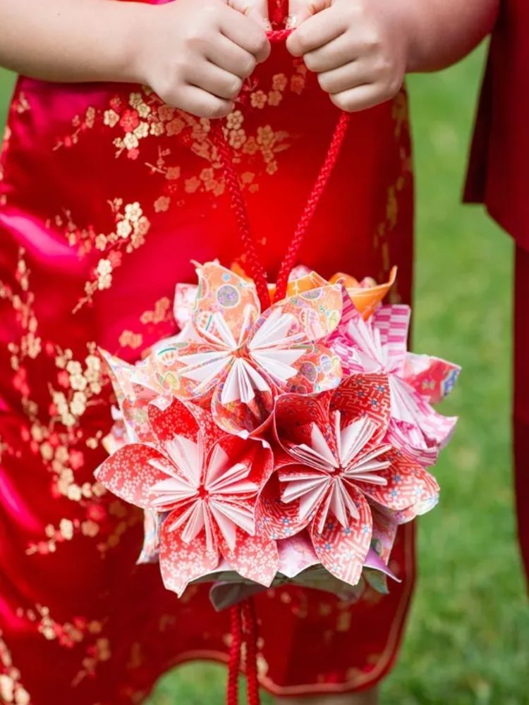 pink origami paper flower pomander
