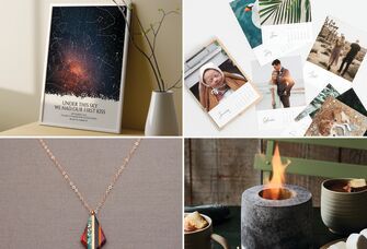 Four seven-year anniversary gifts: a custom star map, a custom photo calendar, a mini fire pit, and a copper pendant
