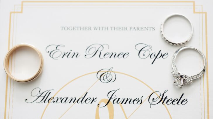 "We focused on a consistent logo for our wedding day to use on our save the dates, invites and cake! We designed it to reflect the combination of our first initials to look like an infinity symbol and surrounded by a circle with tilted lines representing the earths tilt on summer solstice - our wedding day!" says Erin.
