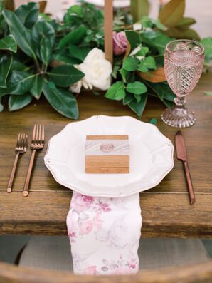 Greenery, Linens and Rose Gold Dinnerware at Wedding Reception Tables