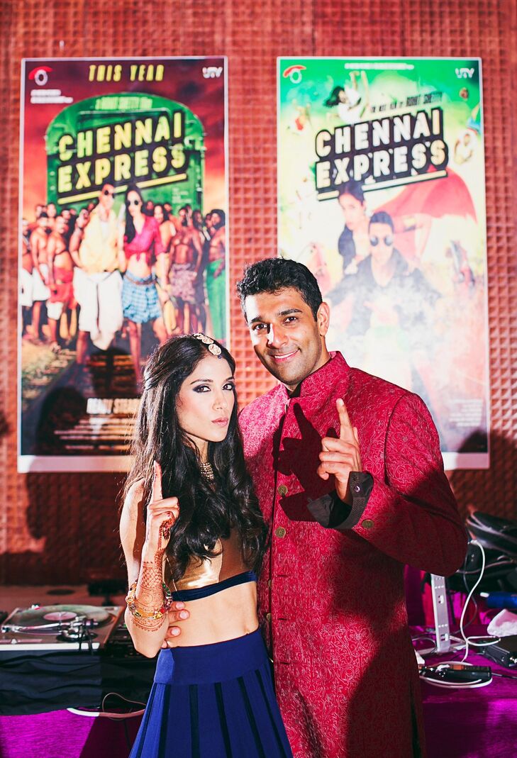 Melanie and Neeraj Photoshopped their faces onto the heroes and heroines of their favorite Bollywood movies posters for their "Bollywood Soiree" sangeet party.