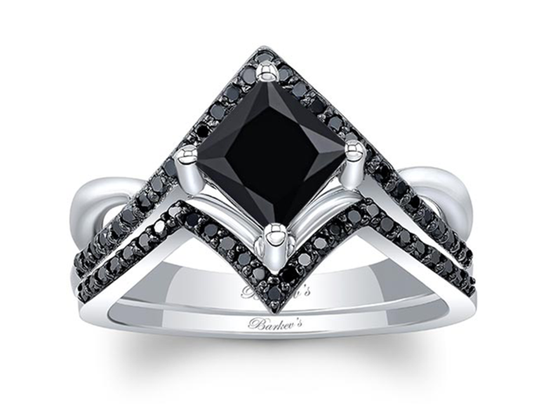 Princess cut black diamond center with black pave diamond and silver curved shank band