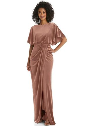 Dessy Group Flutter Sleeve Open-Back Velvet Maxi Dress with Draped Wrap Skirt - 1552 Bateau Bridesmaid Dress