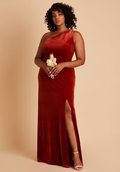 Birdy Grey Kira Dress in Velvet Burnt Orange One Shoulder Bridesmaid Dress