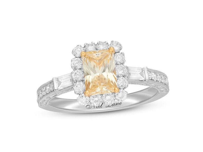 kay pastel yellow diamond engagement ring with round diamond halo baguette shaped diamond sides and diamond encrusted white gold band with milgrain detailing