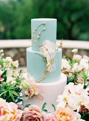 Two-Tier, Pale Blue Wedding Cake With Gold Star, Faux Petal Decorations