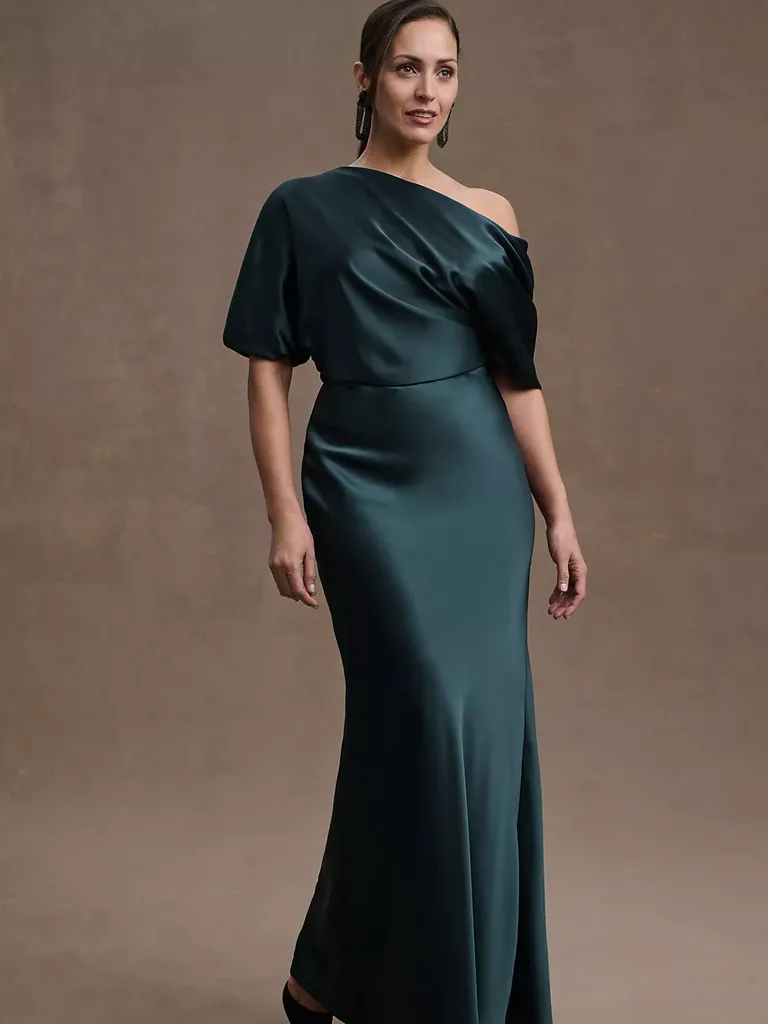 Dark green Off-Shoulder Satin Column grandmother of the groom dress
