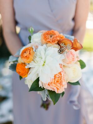 Coral and Ivory Dahlia and Ranunculus Bouquet