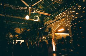 Industrial Warehouse Reception Space in Very Dark Lighting, Disco Ball Lighting Dance Floor