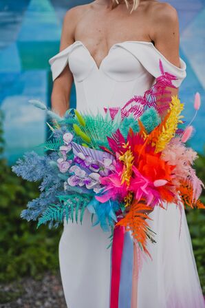 Bride Carries Colorful, Bright, Neon Bouquet With Dyed Flowers and Feathers