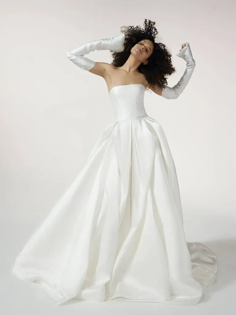 pleated strapless ball gown with detachable gloves