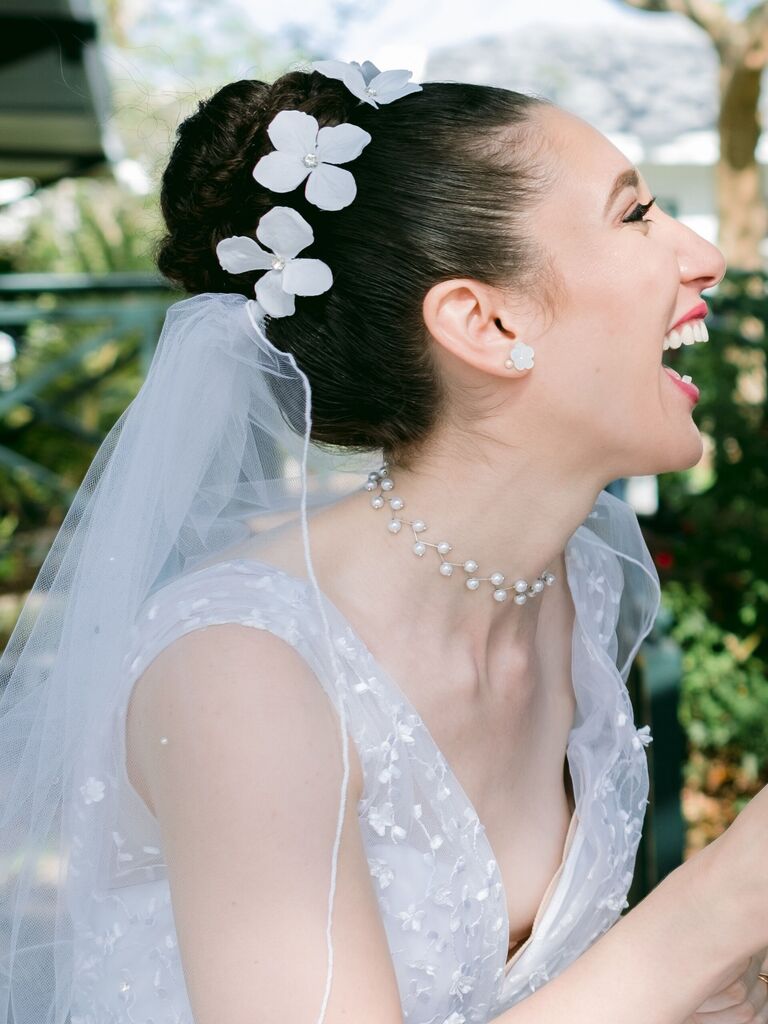 wedding hair flowers top knot with flower halo