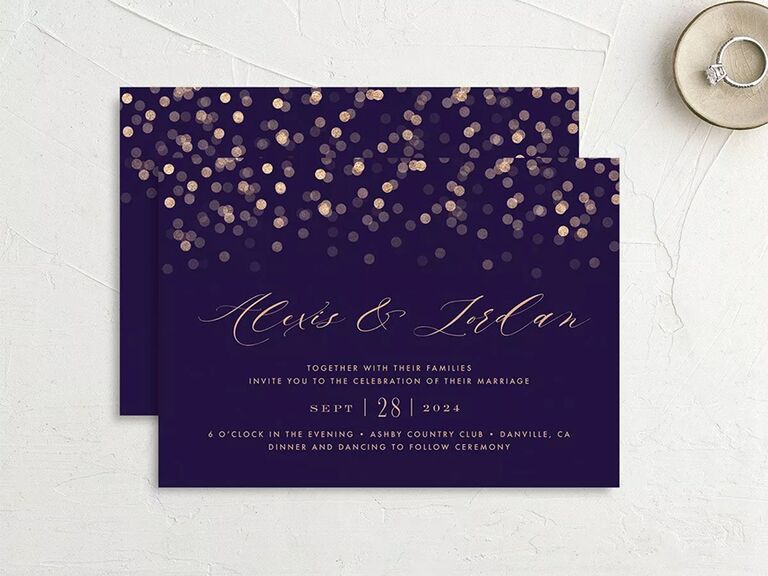 Gold confetti top border and gold calligraphy on deep purple background