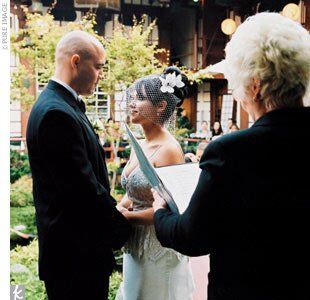 One hundred guests joined Adryana and Patrick in the garden court of the restaurant. Friends and family watched the couple exchange vows from their dinner tables, which were set up in a square surrounding the ceremony spot. To honor her late father, Adryana arranged for a 100 butterflies to be released as the ceremony began. One butterfly landed on my brother and stayed on him for the entire ceremony, she says. Many of the butterflies stayed in the garden the whole night.