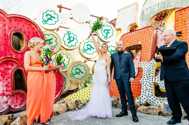 The couple discovered The Neon Museum online, and knew it suited the vibe of their wedding: It was private, just for them and their small group of guests, yet it was vibrant, colorful and exciting. “We fell in love with all the bright colors and beautiful discarded signs,” Stacey says.