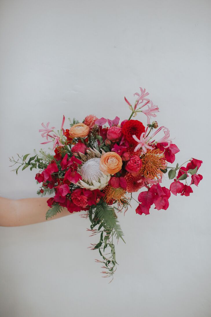 Bougainvillea-and-Protea Bouquet for Wedding at Ebell Long Beach in California