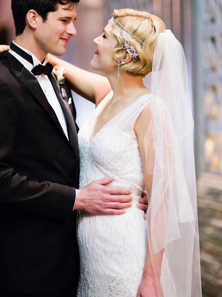 Short wedding hairstyle with a veil