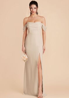 Birdy Grey Mira Chiffon Dress in Neutral Champagne Off the Shoulder Bridesmaid Dress