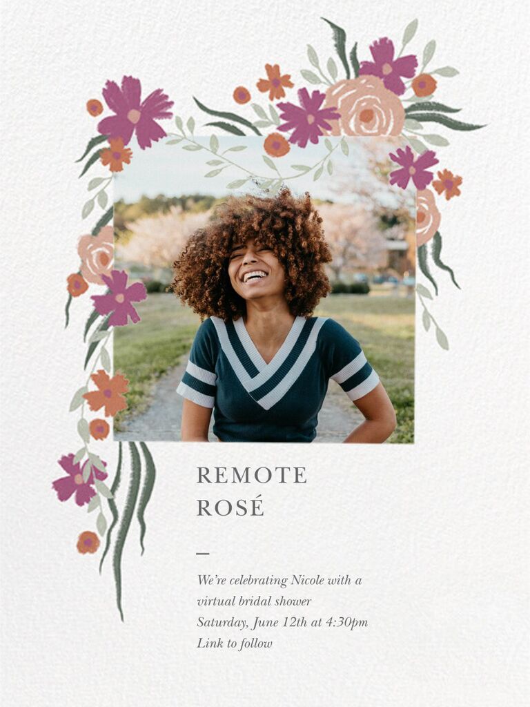 pretty online bridal shower invitation with wording for virtual wedding shower