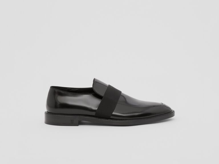 Black patent leather loafers. 