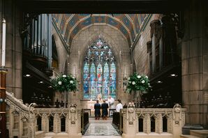 Grooms Kneeling at Altar in Picturesque Episcopal Church, Stained Glass Windows, Organ