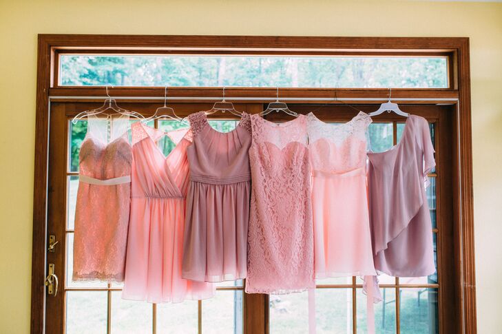 Each bridesmaid rocked the couple's romantic pink and mauve color scheme with her own personal twist. The only instructions Kim gave them were to think vintage and shades of pink. “It was important that they feel comfortable in what they had to wear, shoes included,” Kim says. “So I said to have at it and just show me before you buy.” Each dress had added lace, rosettes, ruching or a cascading detail to meet the day’s whimsical inspiration.