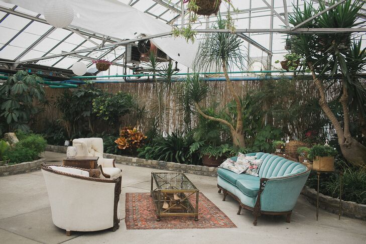 Nicole and Adam rented antique lounge seating for guests during cocktail hour in the greenhouse.