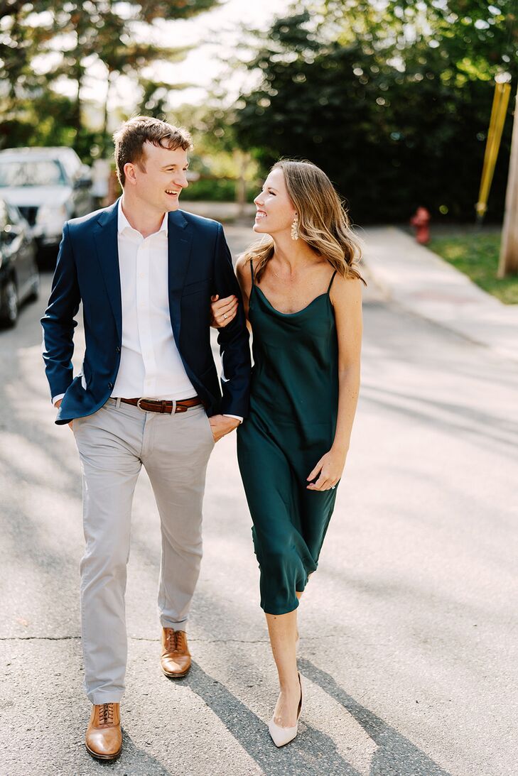 Groom in Smart-Casual Attire and Bride in Emerald Slip Dress, Engagement Photos