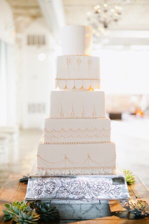 Ivory Squared Wedding Cake With Decorative Piping