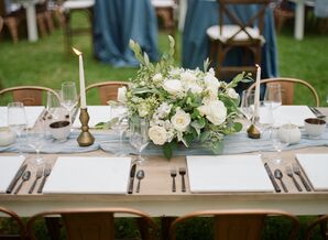 Chic White and Green Centerpiece on Light Blue Table Runner